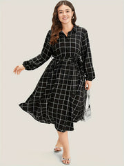  Women's Grid Print Long Sleeve Midi Shirt Dress