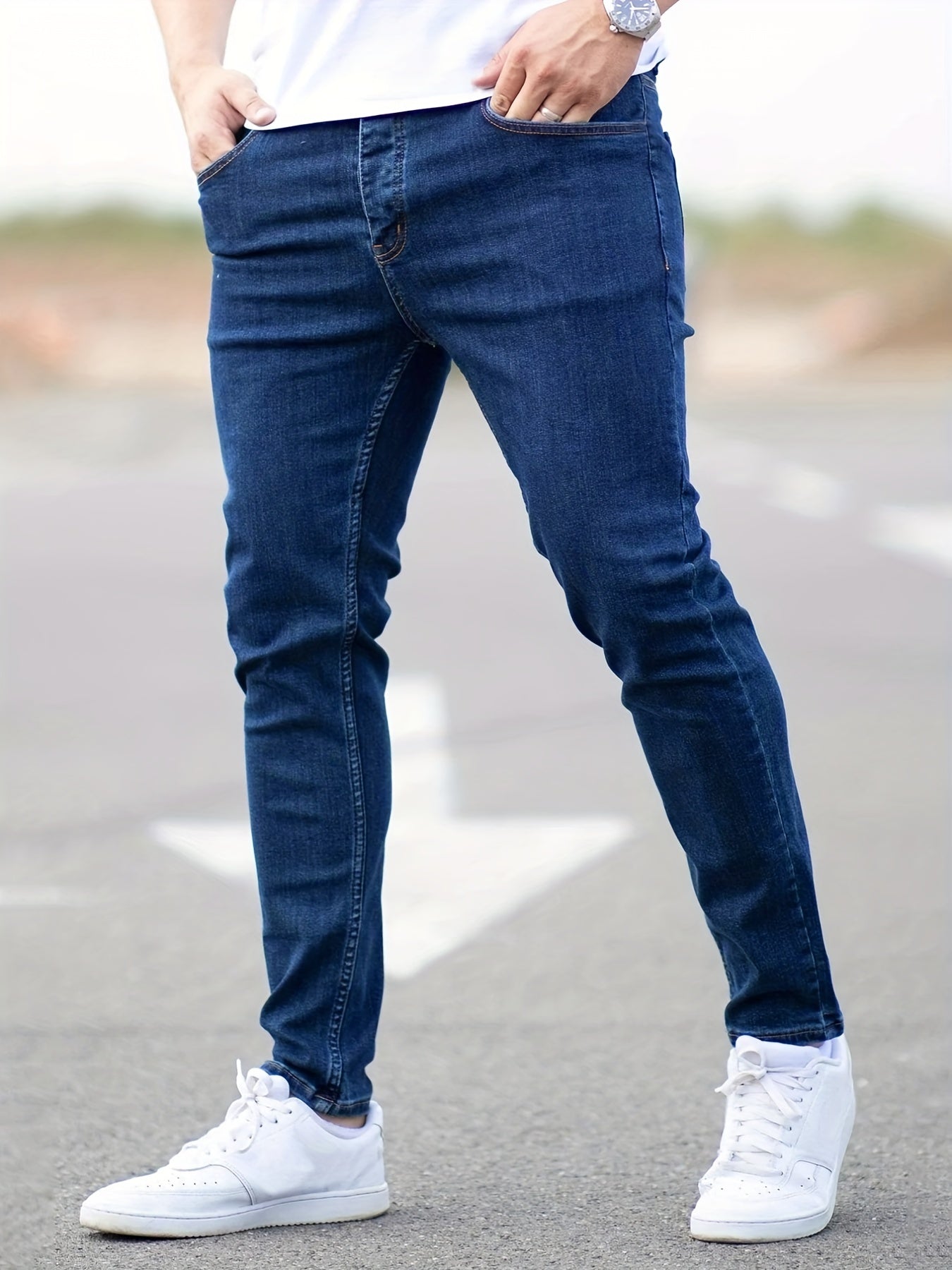 Men's Slim Fit Cotton Jeans, Solid Mid Stretch Denim Pants