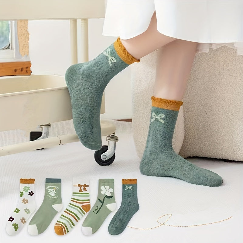 5 Pairs Floral & Bow Print Socks Mid Tube Women's Stockings