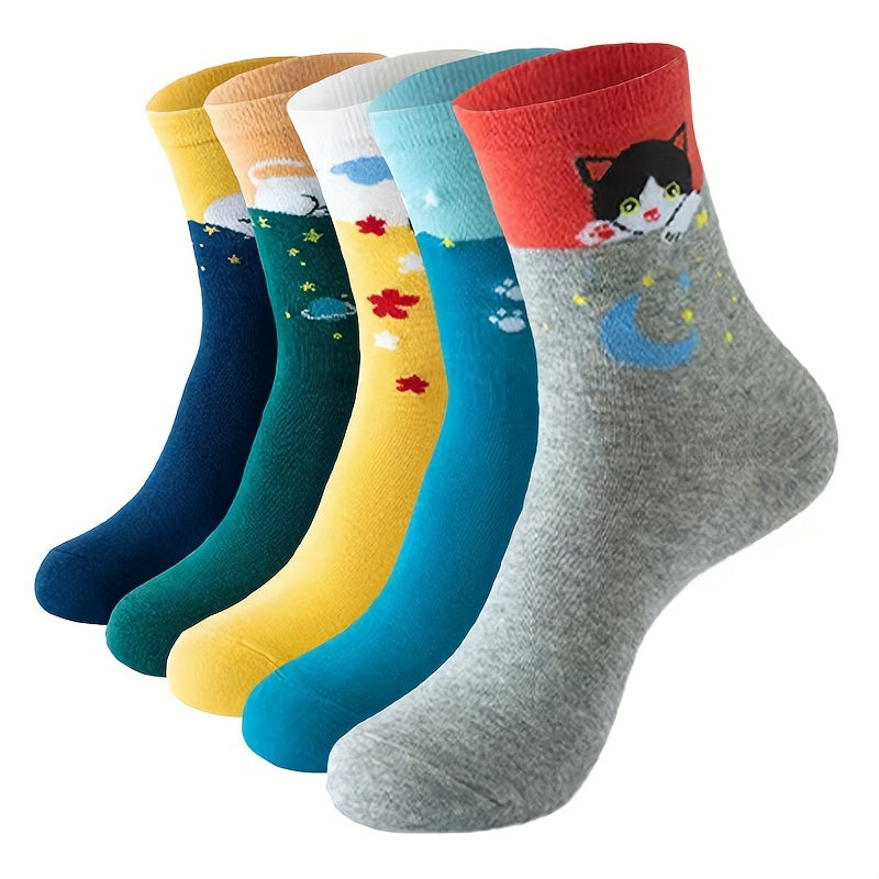Moon & Cat Print Socks Soft Mid Tube Women's Stockings