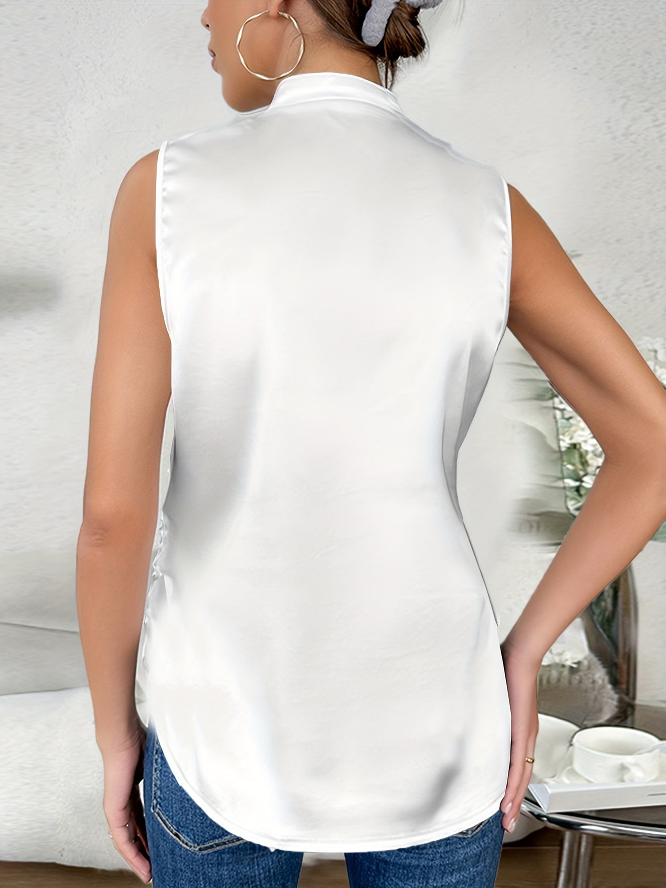  Solid Satin Surplice Neck Ruched Tank Top