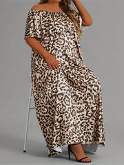 Leopard Print Off Shoulder Maxi Dress Plus Size Medium Stretch Long Dress