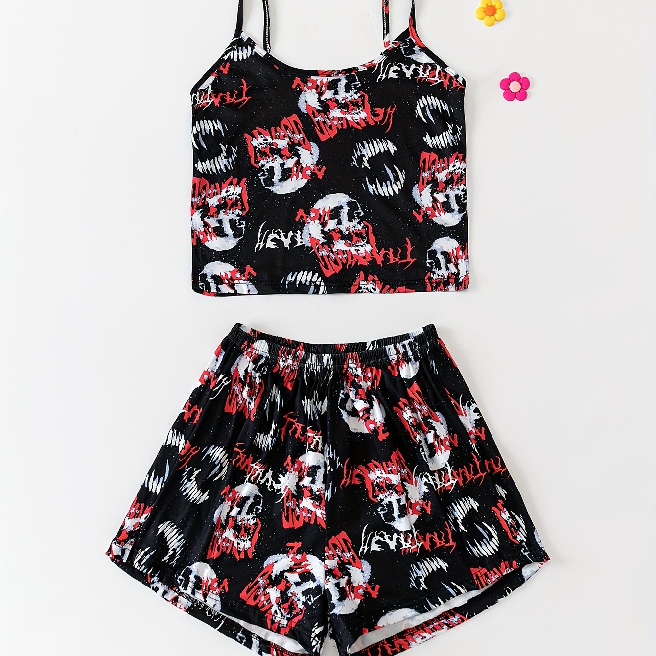 Skull Print Pajama Set Crew Neck Cami Top & Lounge Shorts Women's Sleepwear