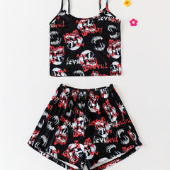 Skull Print Pajama Set Crew Neck Cami Top & Lounge Shorts Women's Sleepwear