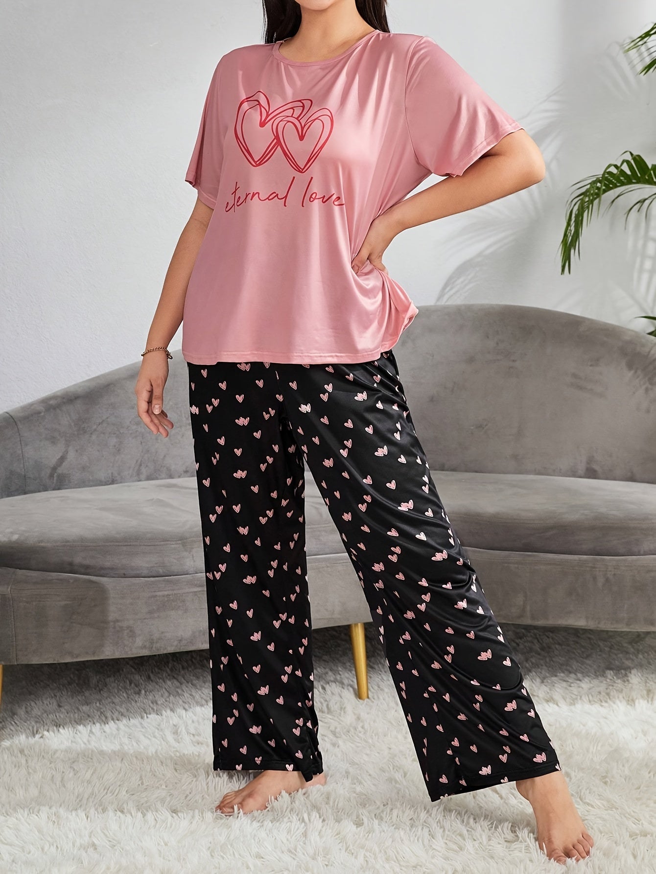  Heart & Slogan Print Pajamas Set Women's Tee & Pants Lounge 2 Piece