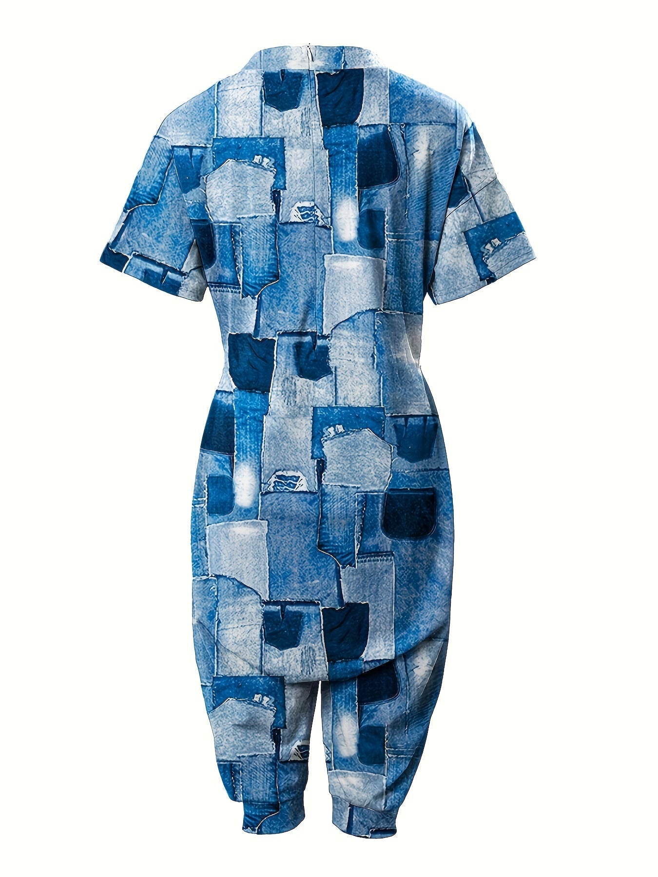  Denim Print V Neck Jumpsuit with Pockets