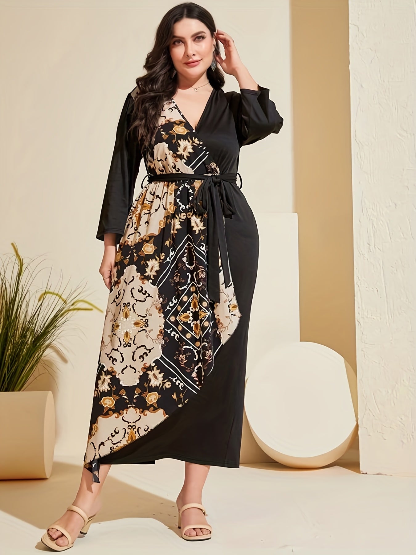  Boho Dress Women's Plus Colorblock Floral Print Long Sleeve