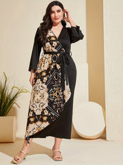  Boho Dress Women's Plus Colorblock Floral Print Long Sleeve
