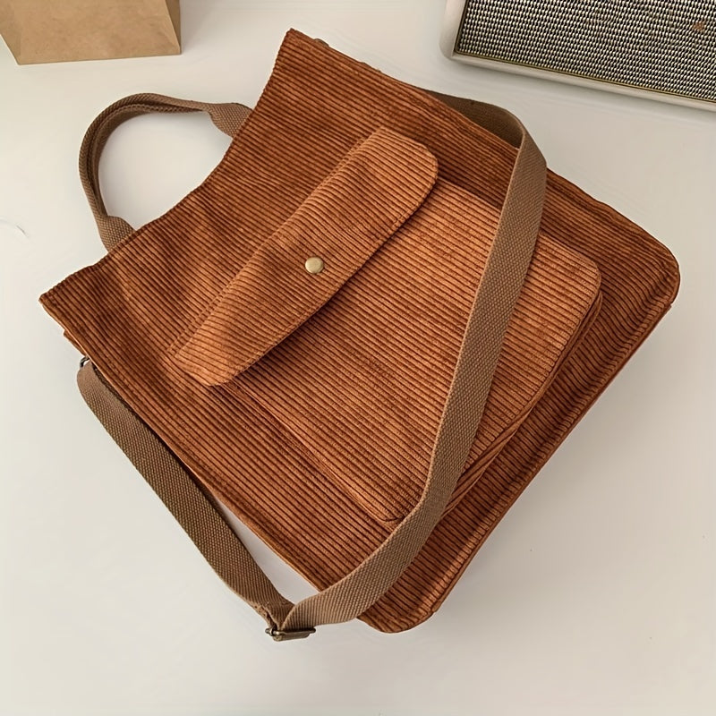 Corduroy Totes Bag For Women Solid Crossbody Bag Pocket Front Handbag For Travel