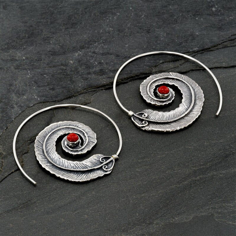 Vintage Geometric Spiral Feather Earrings Engraved Boho Style Dangle Earrings