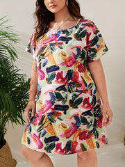  Casual Dress Women's Plus Random Print Short Sleeve