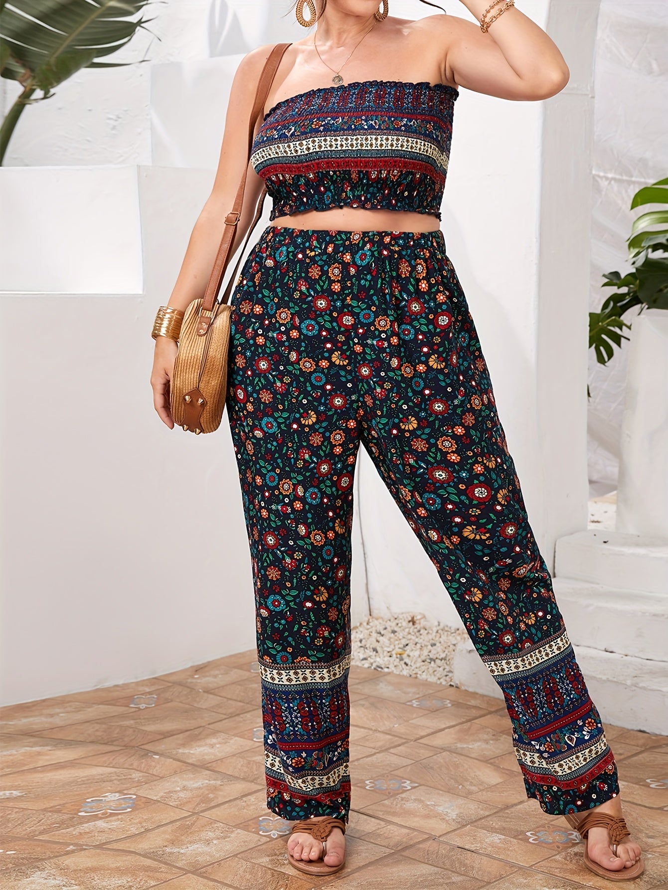 Boho 2pc Set Plus Size Ditsy Print Tube Top & Wide Leg Pants