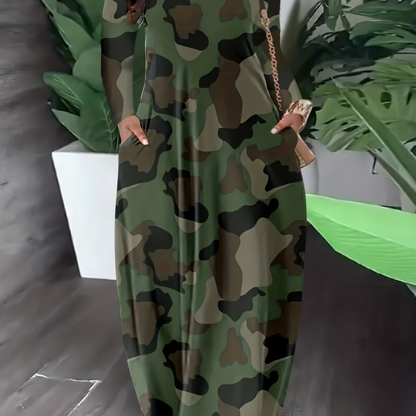  Camo Print Off Shoulder Maxi Dress With Pockets