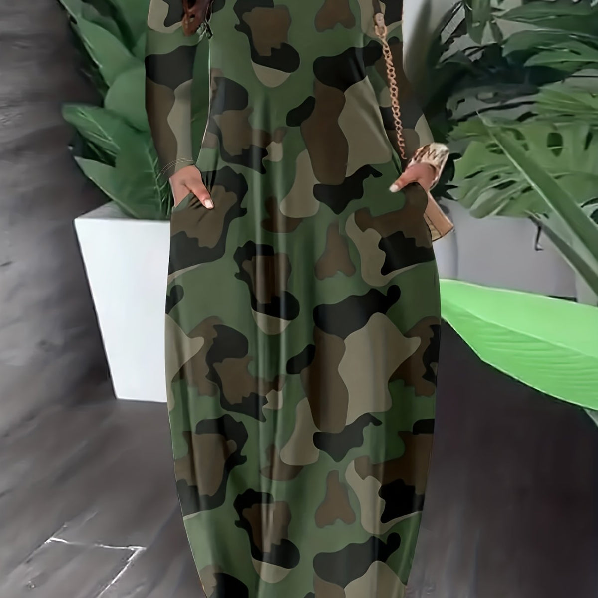  Camo Print Off Shoulder Maxi Dress With Pockets