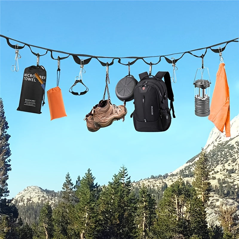 19 Hook Camping Clothesline with Carabiner for Storage & Drying