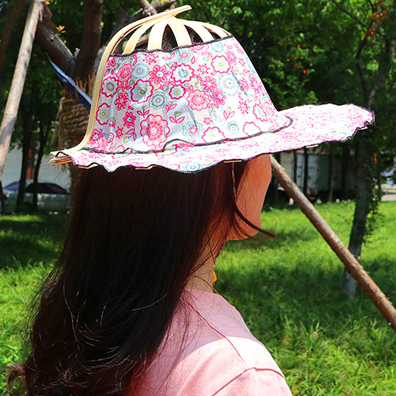 Vintage Floral Print Sun Hat, Bamboo Fan