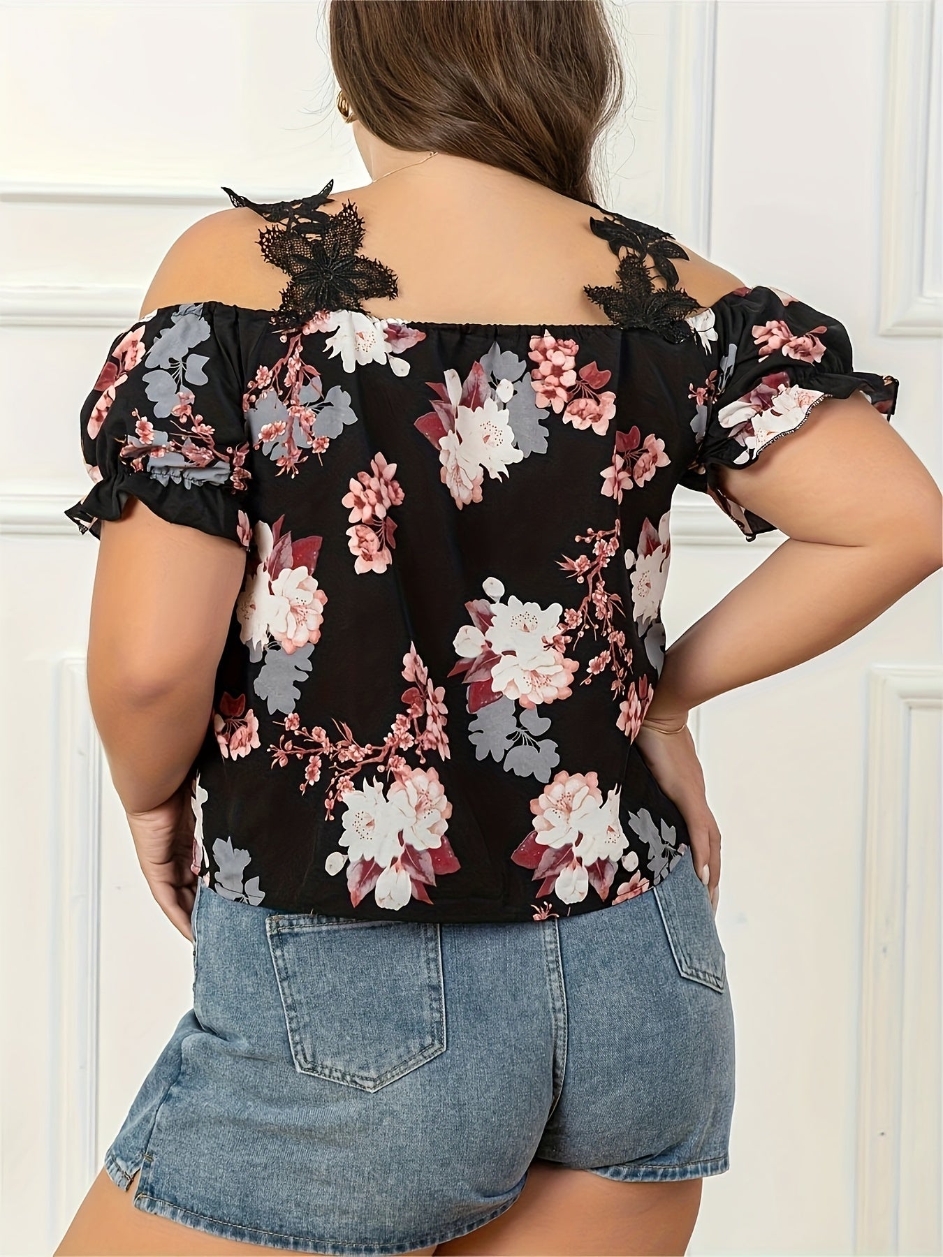  Women's Cold Shoulder Blouse Feather Print Lace Strap