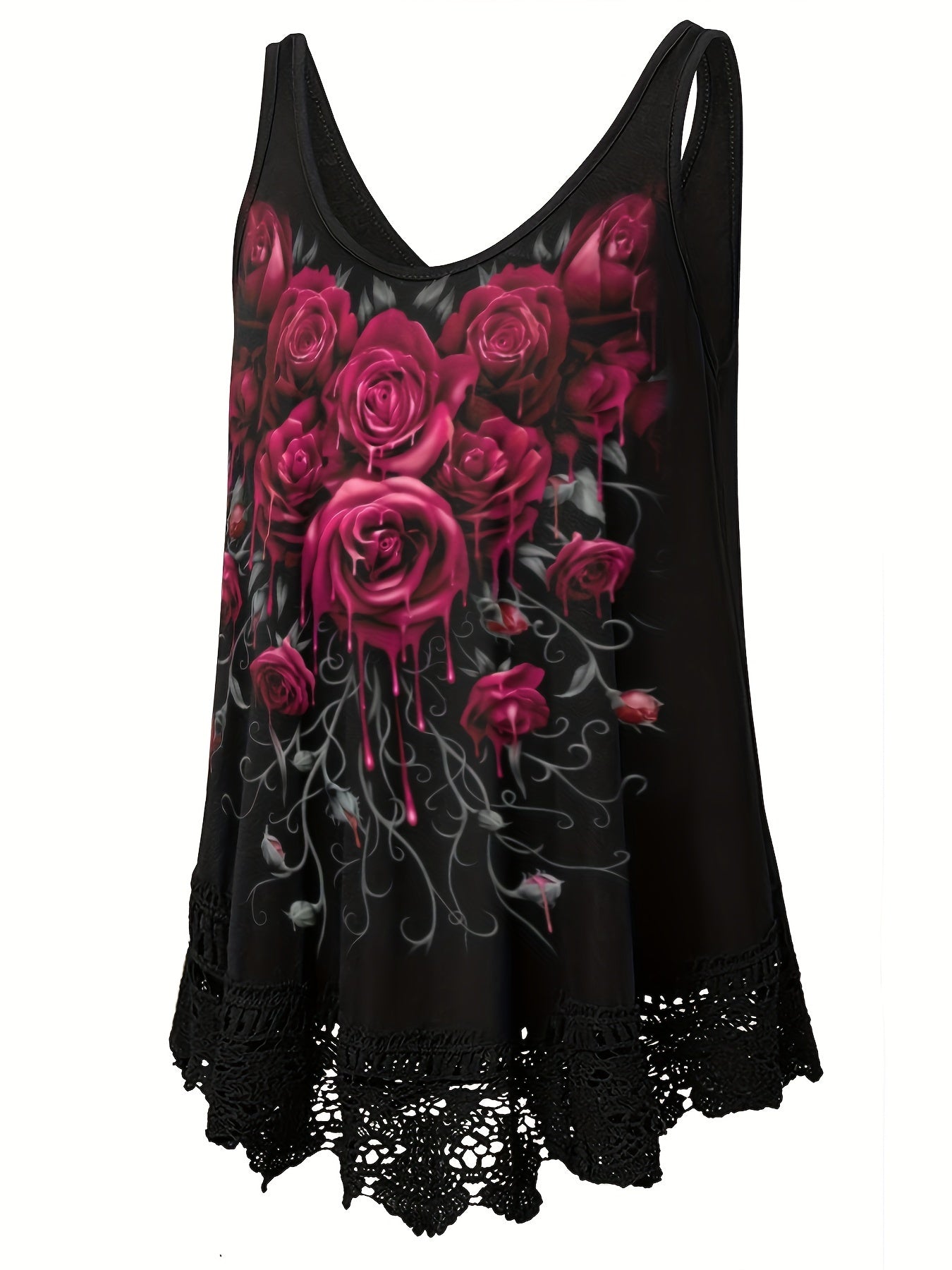  Rose Print Lace Tank Top Women's Sleeveless Casual Top