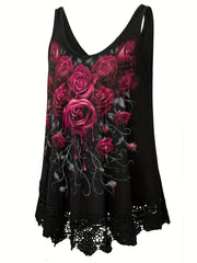  Rose Print Lace Tank Top Women's Sleeveless Casual Top