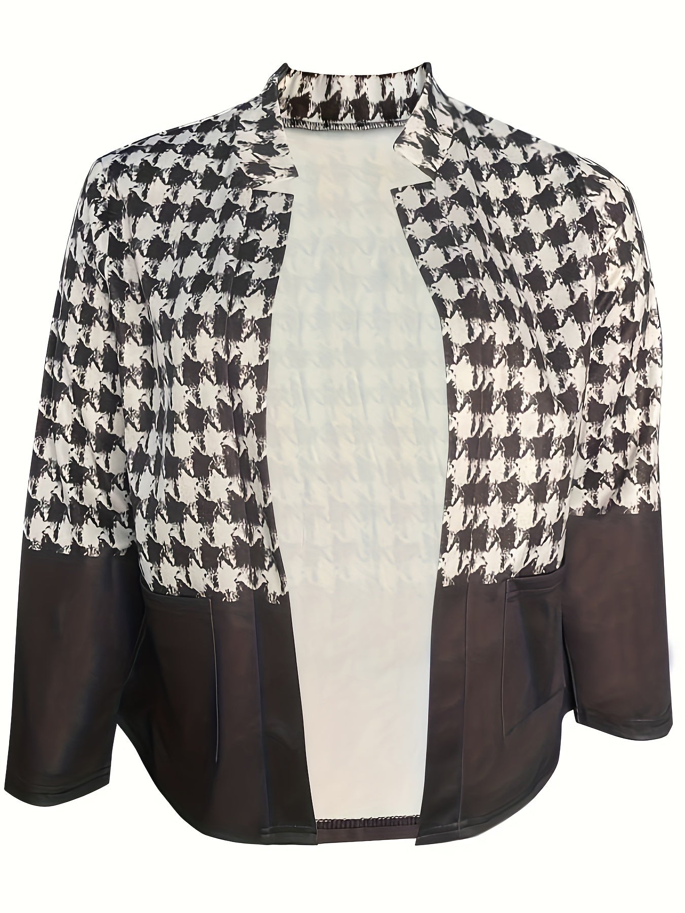  Colorblock Houndstooth Print Long Sleeve Slim Fit Blazer