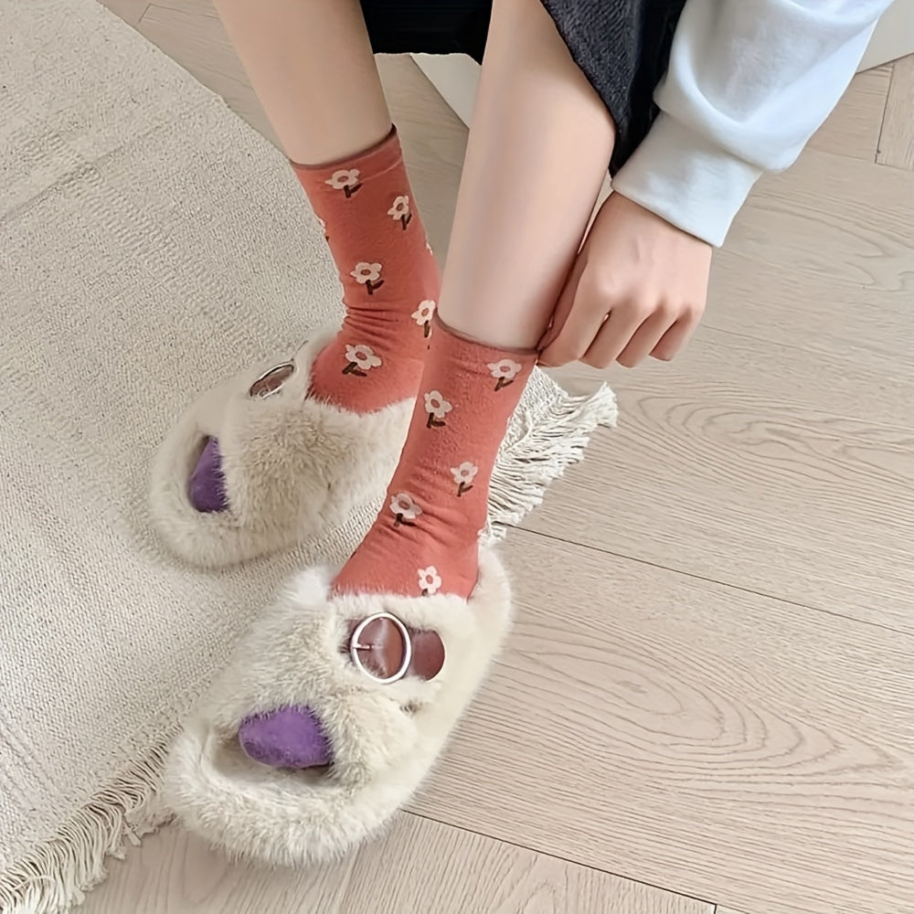 5 Pairs Floral Print Socks Mid Tube Women's Stockings