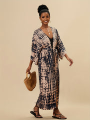 Tie Dye Cover Up Shirt V Neck Loose Fit Long Sleeves Beachwear Kimono
