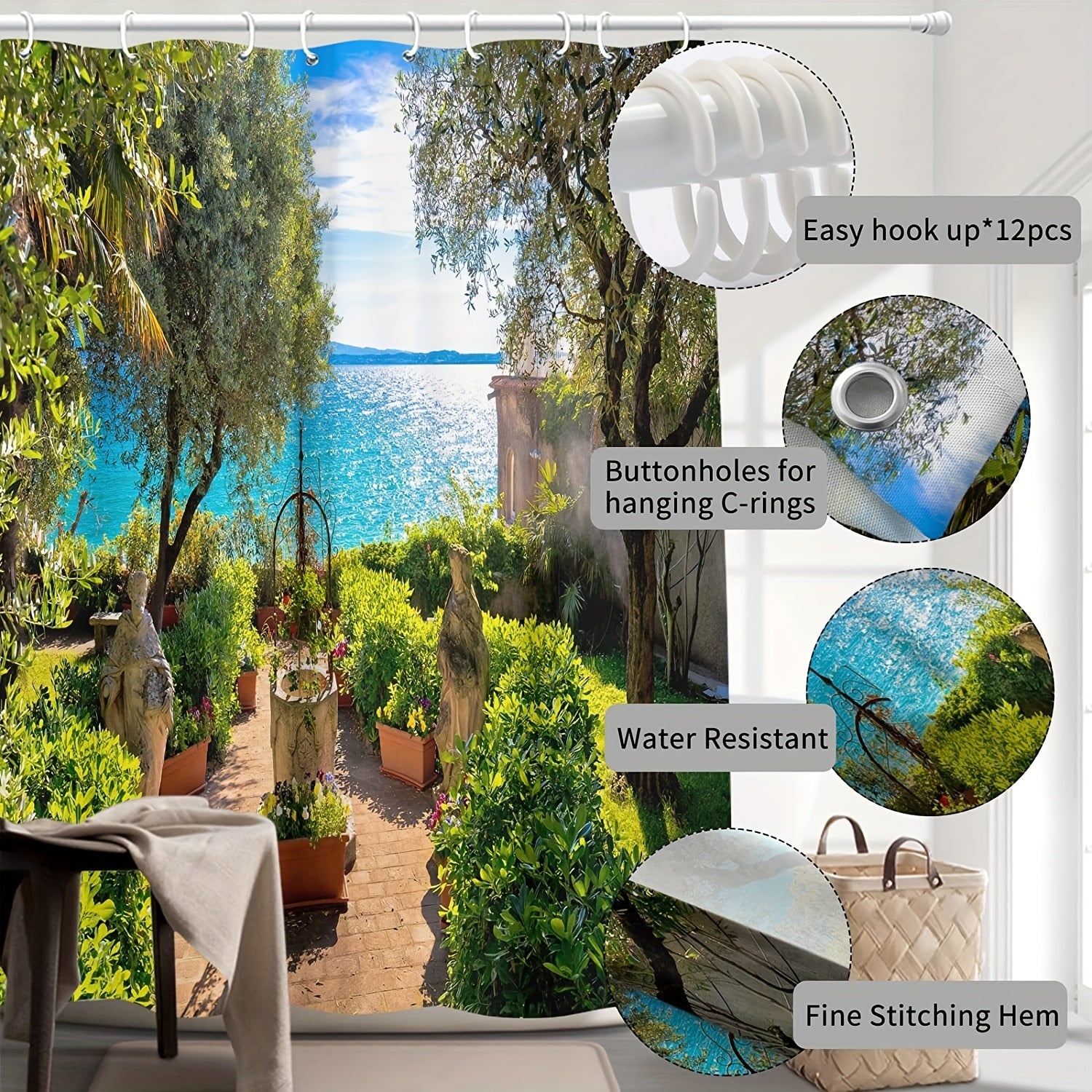 Seaside Garden Shower Curtain 3D Landscape with 12 Hooks