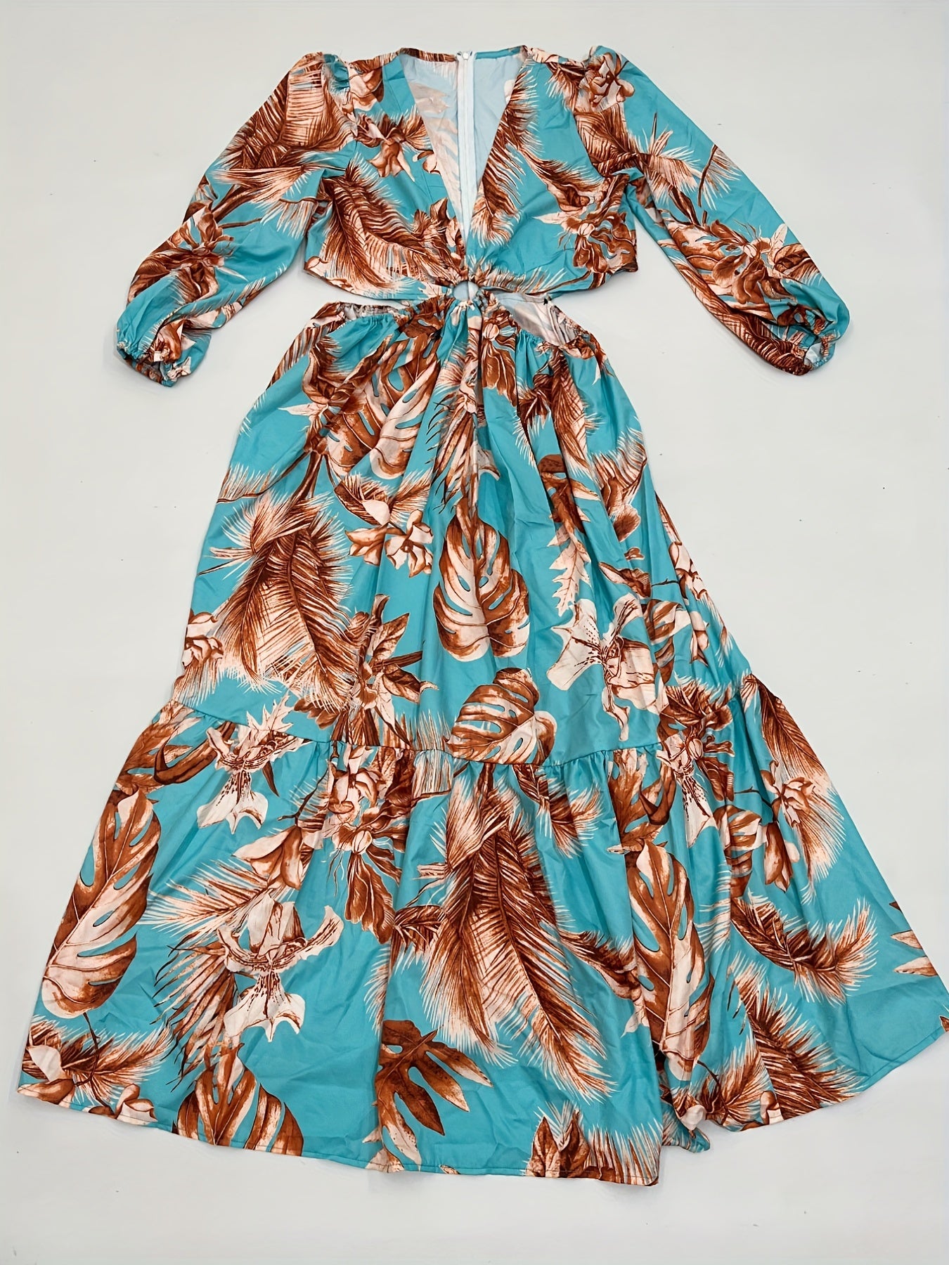  Women's Tropical Print Lantern Sleeve Maxi Dress