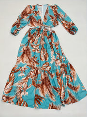  Women's Tropical Print Lantern Sleeve Maxi Dress