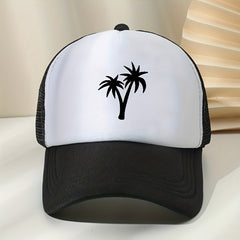 Coconut Tree Print Trucker Hat Mesh Block Baseball Cap Lightweight