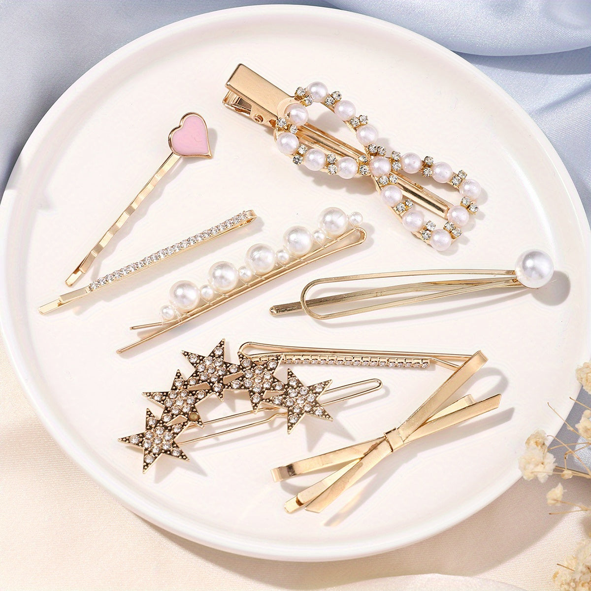 8pcs Hair Pin Metal Clip Pearl Rhinestone Decor Hairpin Bow Shape Women Girls