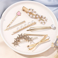 8pcs Hair Pin Metal Clip Pearl Rhinestone Decor Hairpin Bow Shape Women Girls