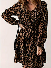  Leopard Print V Neck Smock Dress