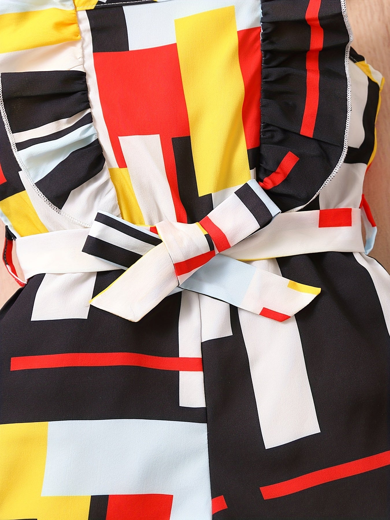 Girls Colorblock Print Ruffle Strappy Belted Romper Jumpsuit