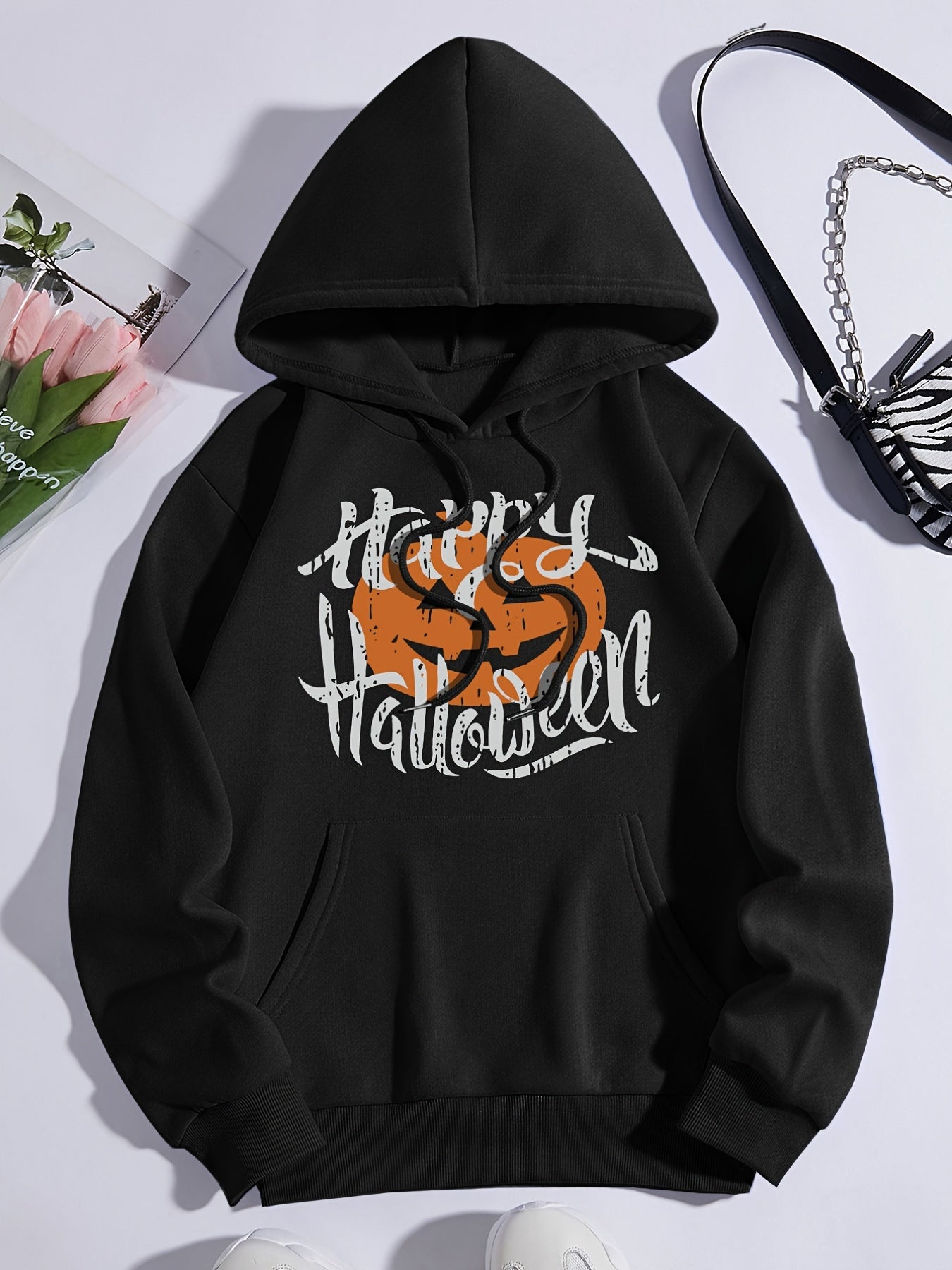 Halloween Pumpkin Print Sporty Hooded Sweatshirt Women's Warm Hoodie