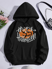 Halloween Pumpkin Print Sporty Hooded Sweatshirt Women's Warm Hoodie