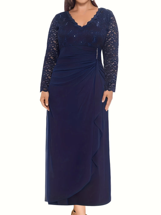  Lace V Neck Long Sleeve Maxi Bridesmaid Dress