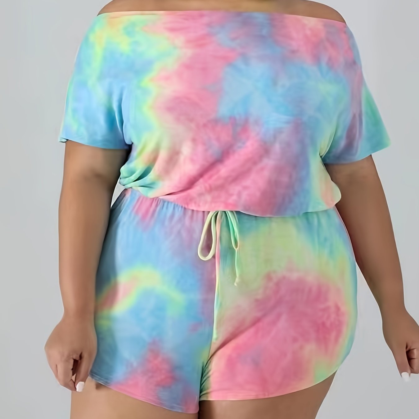  Tie Dye Off Shoulder Top & Drawstring Shorts Set