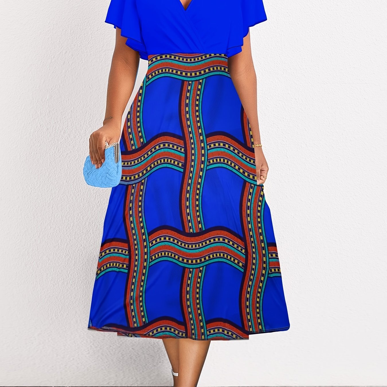  Colorblock Stripe Print Ruffle Sleeve Midi Dress