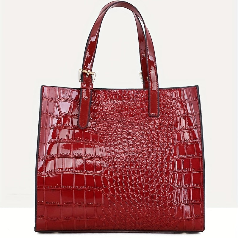 Crocodile Embossed Handbag With Pouch Large Tote Bag PU Leather Crossbody Bag