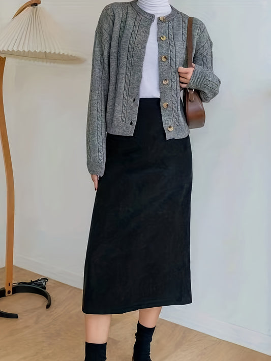  Casual Cardigan Women Solid Button Long Sleeve Round Neck Knit