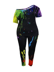  Splash Print One Shoulder Top & Pants Set