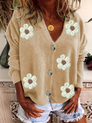  Casual Cardigan Women's Plus Floral Patch Button Decor