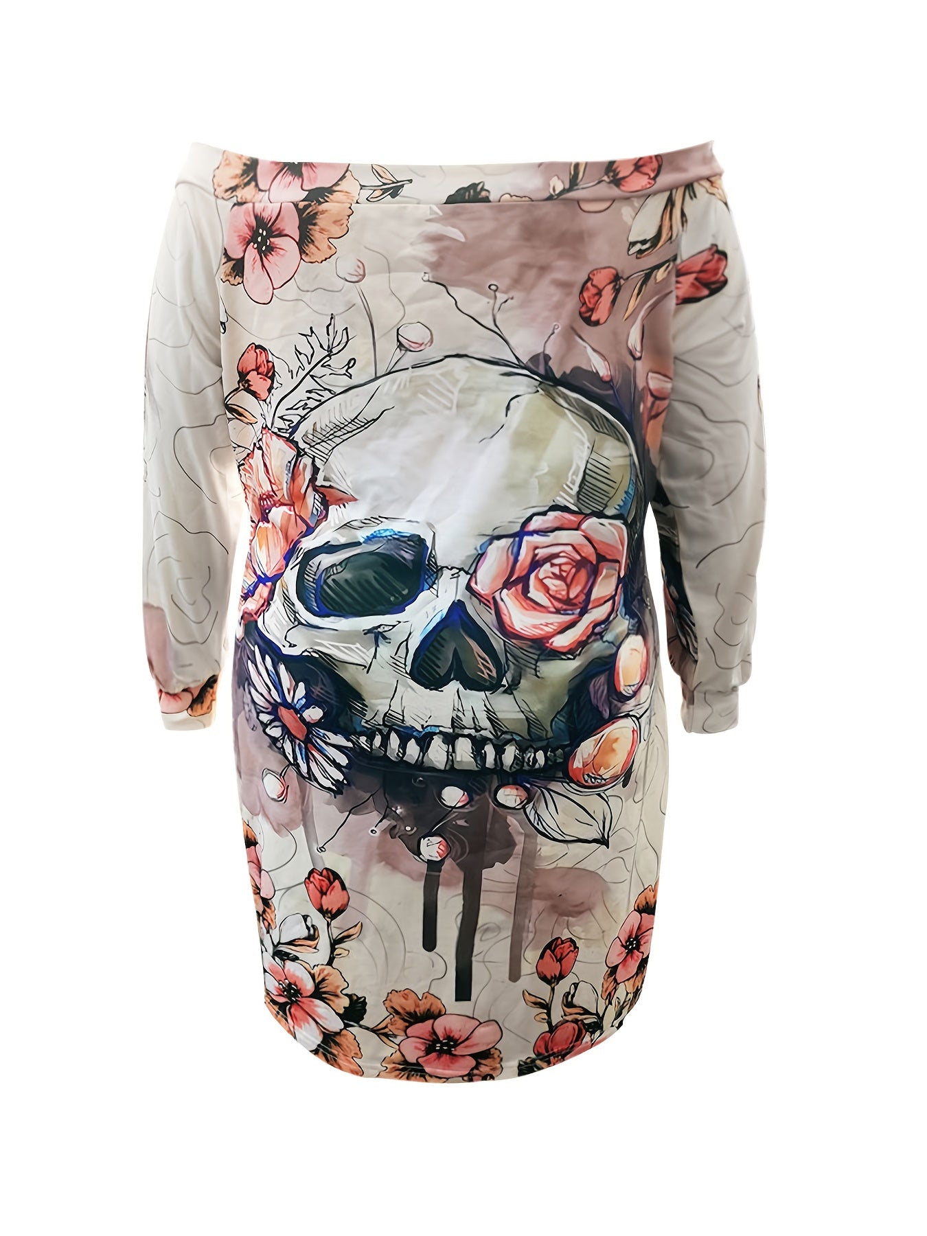  Floral Skull Print Lace Up Off Shoulder Long Sleeve Dress
