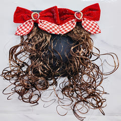 2Pcs Red Bow Hair Clip with Rhinestones Faux Curly Hair