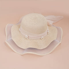 Lace Sun Hat Ribbon Bowknot Faux Pearl Straw Hat