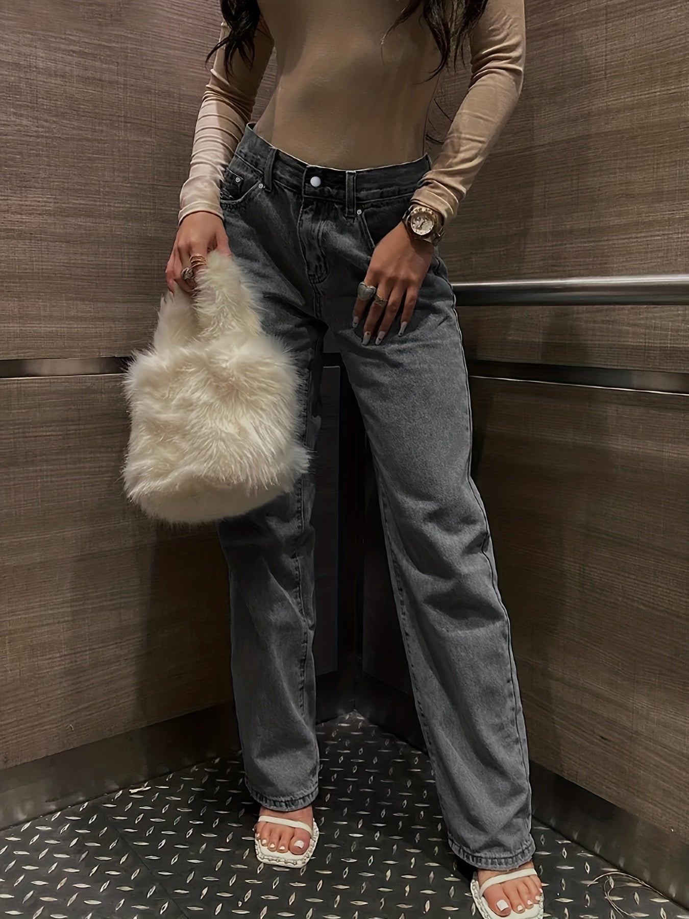 Loose Fit Straight Jeans High Waist Denim Pants Women's Clothing