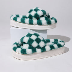 Plaid Pattern Fuzzy Slippers Slide Sandals