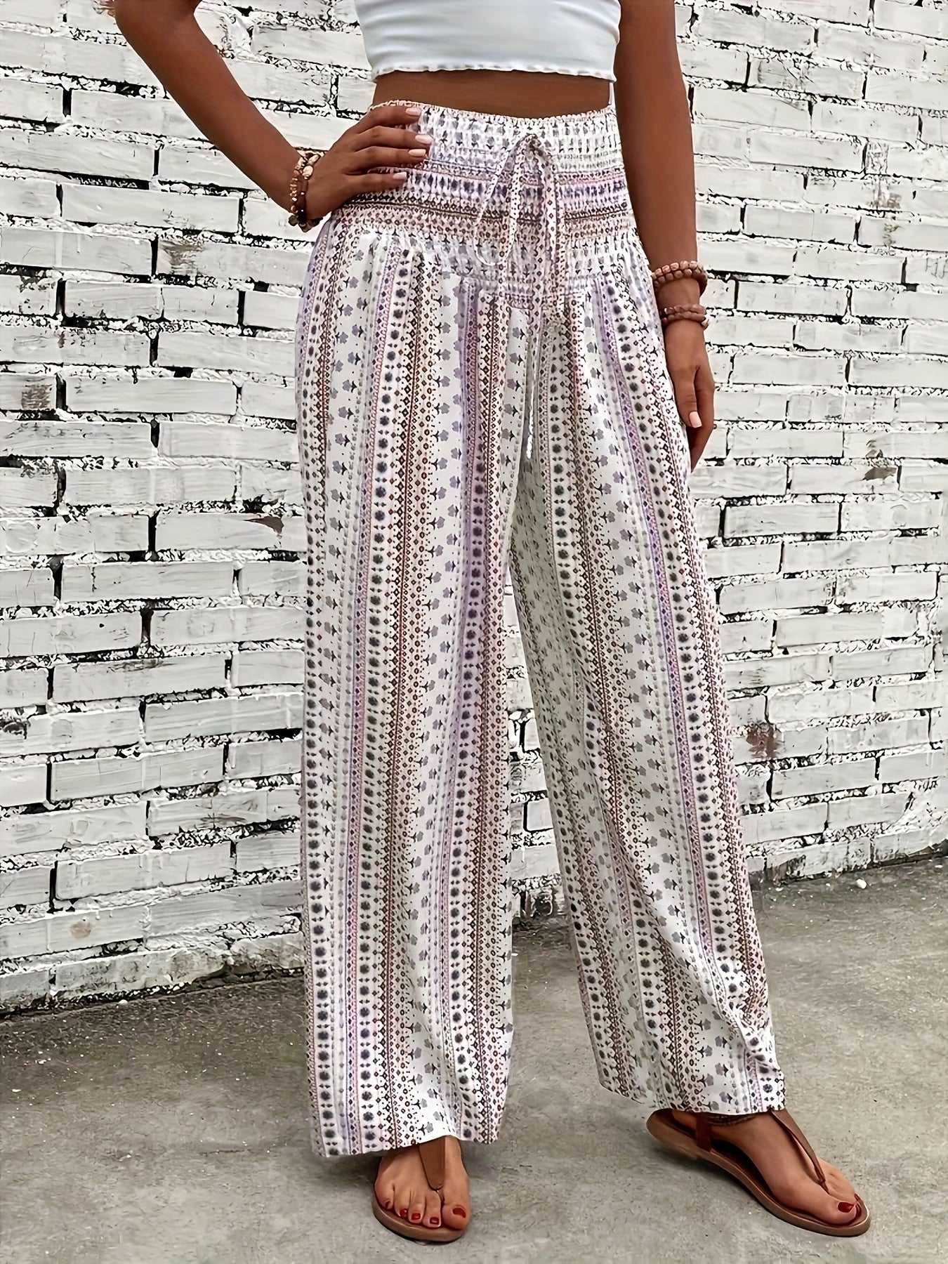 Geo Striped Print High Waist Loose Trousers