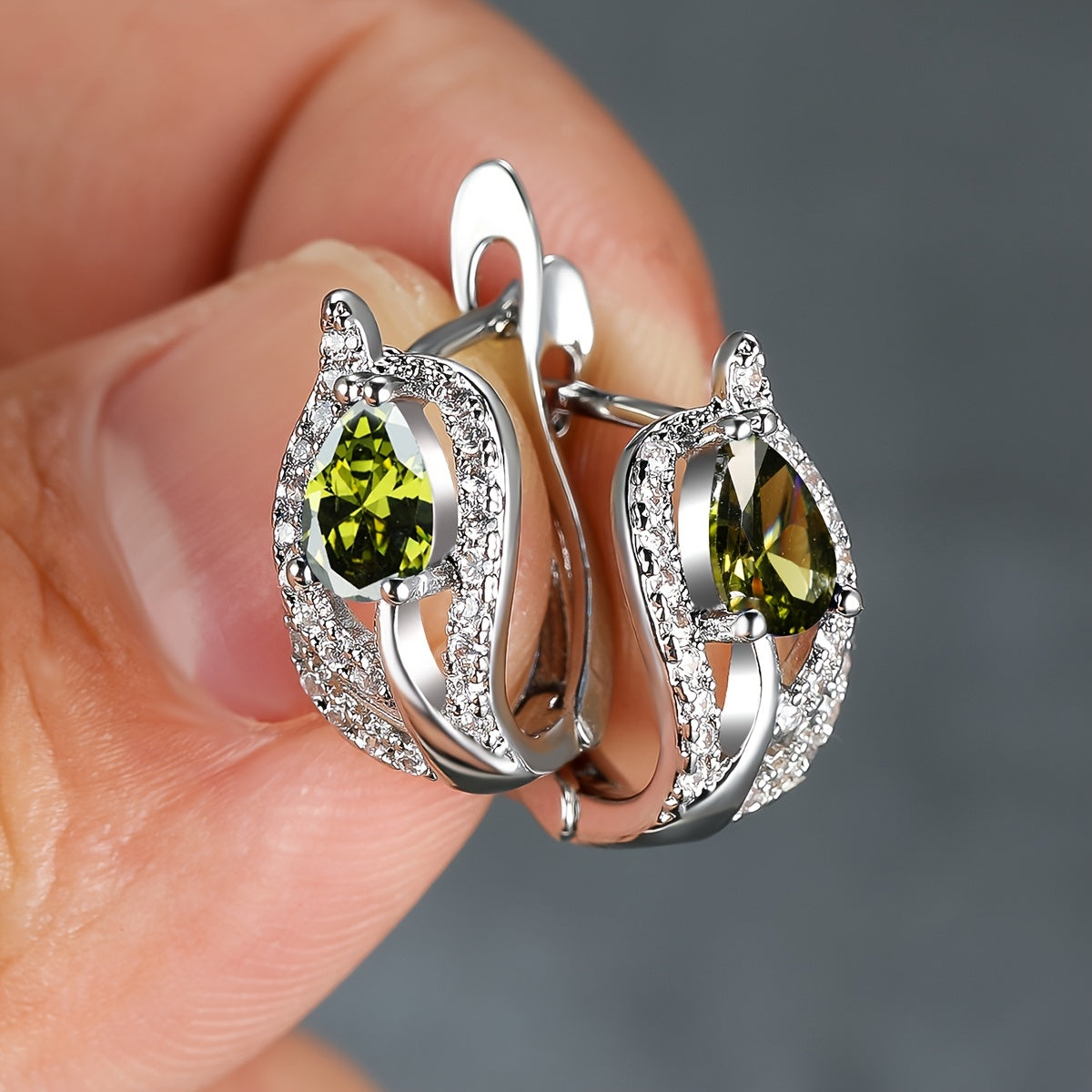 Multicolor Zirconia Stone Hoop Earrings, Leaf Crystal Silver Wedding Jewelry
